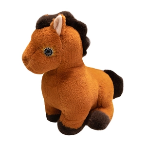 Cute brown plush horse toy with soft texture and golden star embroidery on white background