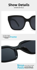 Detail view of bold black square frame sunglasses with integrated comfortable nose pads