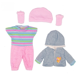 Five-piece doll outfit set including grey bear jacket, striped suit, hat and socks