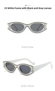 Detailed front and side views of white rhinestone-encrusted sunglasses with dark grey lenses