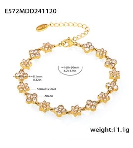 Detail view of 18k gold plated flower bracelet with zircon inlays and dimensions info
