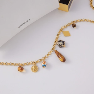 Vintage gold plated chain necklace with colorful resin pendants and ceramic beads