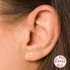 S925 sterling silver evil eye and dolphin stud earring set with sparkling zircon crystals