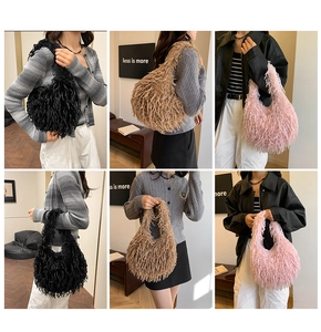 Chic plush shoulder bags for women in black, khaki, and pink faux fur textures