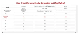Size chart for high waisted wide leg jeans showing waist, hip and length in centimeters