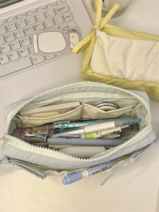 Large capacity blue and yellow bow pencil case for students with multi-layer storage