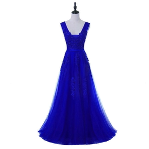 Detailed close-up of Royal Blue evening gown featuring floral lace appliques and V-neckline