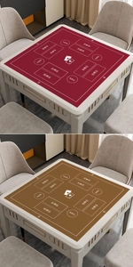 Detail view of red and brown anti-slip rubber gaming mats with printed game zone labels