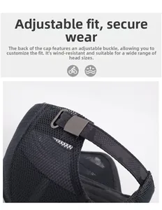 Detail of adjustable metal buckle and breathable mesh on the back of the camouflage cap