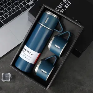 Business vacuum flask gift set in tranquil blue with 500ml bottle and two cups in a box