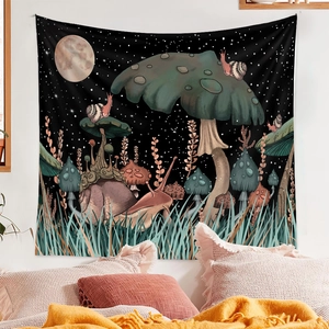 Detail of fantasy tapestry showing giant mushrooms, snails, and starry moonlit night sky