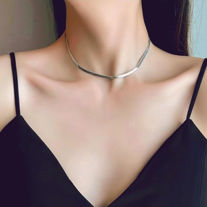 Elegant silver snake chain necklace for women, minimalist flat herringbone choker style