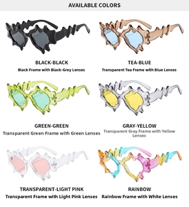 Detailed grid of funky irregular wave sunglasses in multiple trendy color combinations
