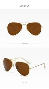 Detailed front and side views of gold aviator sunglasses with tea-colored lenses