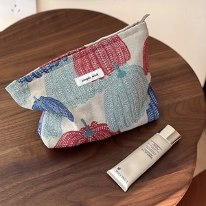 Vintage Jacquard Fabric Cosmetic Bag Women Large Capacity Pumpkin Floral Pattern Clutch Zipper Storage Wash Pouch