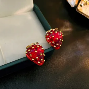 Red Strawberry Stud Earrings Copper With 925 Sterling Silver Earring Post Sweet Fruit Small Dainty Jewelry For Women
