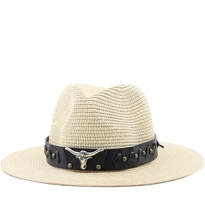 Western Cowboy Fedora Straw Hat With Bull Head Metal Ornament Leather Band Sun Protection Breathable Summer Beach