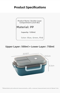 Detailed 1250ml double-layer bento box dimensions and PP plastic material specifications
