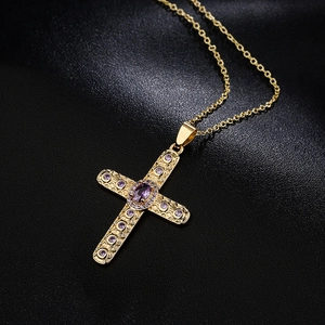 18K gold plated cross pendant necklace with purple zircon crystals on black leather
