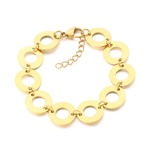 Polished gold stainless steel link bracelet with hollow circular rings and lobster clasp