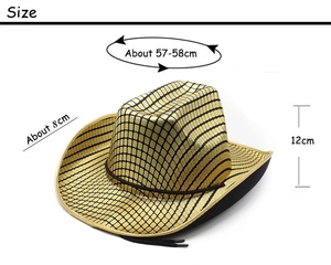 Size measurements for gold grid cowboy hat with 58cm head circumference and 8cm brim
