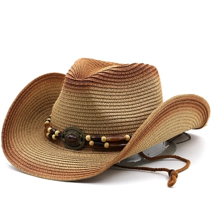 Handmade woven straw cowboy hat with vintage turquoise bead band and wide brim