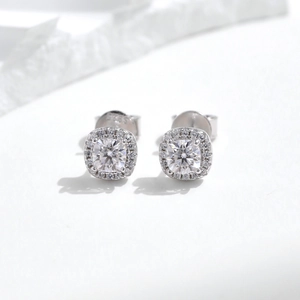Elegant S925 sterling silver halo stud earrings with square-cut moissanite stones