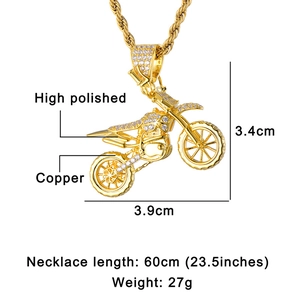 Gold-plated motorcycle pendant necklace with clear crystals and sizing details