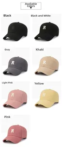 Grid display of R-letter embroidered cotton baseball caps in seven different color options
