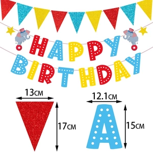 Glitter circus circus birthday banner with colorful triangles and happy birthday flags