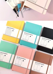 Detalle de libreta A5 con banda elástica mostrando páginas de papel rayado y de puntos
