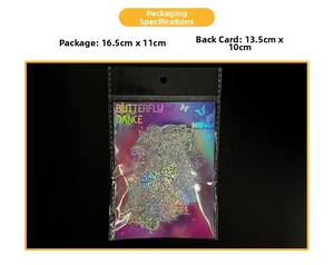 Macro detail of 100 holographic butterfly PET stickers with iridescent laser reflections