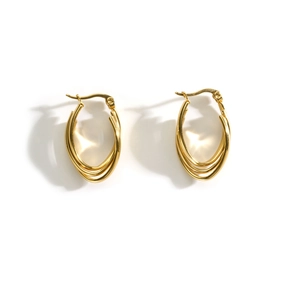 Three-layered golden U-shaped stainless steel earrings with premium metallic finish