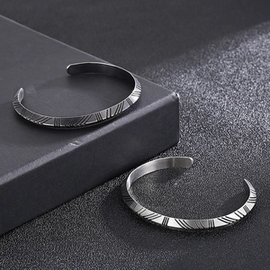 Mens silver titanium steel open bracelet with Roman numeral textured geometric engraving