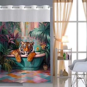 Detail of tiger in bathtub illustration on hookless shower curtain with metal grommets