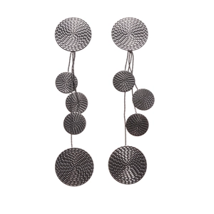 Long tassel drop earrings with dark grey geometric circles and woven metal textures