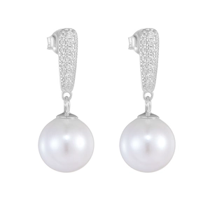 Detailed view of sterling silver pearl earrings with micro-set zircon accents on white background