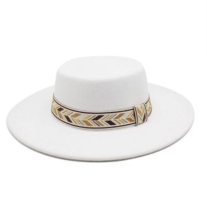White wool felt boater hat with wide flat brim and geometric woven band for classic style