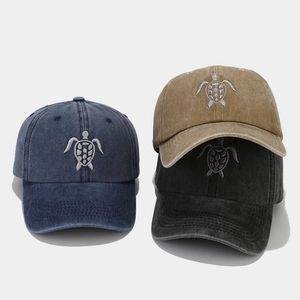 Vintage cotton baseball cap featuring turtle embroidery in navy blue, khaki, and black colors