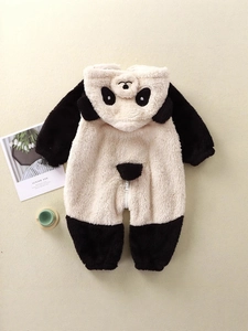 Plush panda hooded baby romper with ears made of warm flannel fleece for toddlers