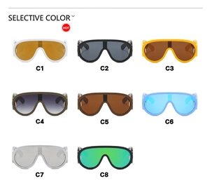 Selection of futuristic shield sunglasses in eight various colors and frame finishes