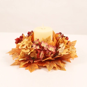 Artificial Maple Leaf Hydrangea Candle Ring Fall Harvest Table Centerpiece Thanksgiving Halloween Christmas Decor Fabric Plastic