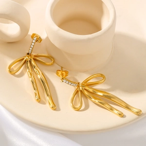 Bowknot Tassel Drop Earrings 18K Gold Plated Stainless Steel With Sparkling Zircon Inlaid Elegant Jewelry For Women