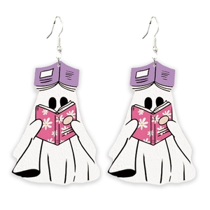 Cute wooden ghost earrings for Halloween featuring white ghost with purple hat holding a pink book