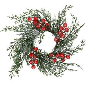 Mini Christmas candle ring with frosted cedar branches and red winter berries