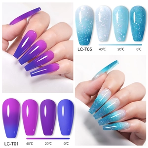 Three-stage temperature changing nail gel polish with aurora glitter effect in blue and purple