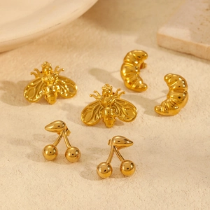 Bee Butterfly Cherry Croissant Stud Earrings 18K Gold Plated Stainless Steel For Women Hypoallergenic