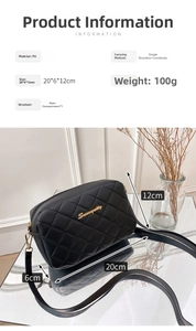 Detail view of black quilted PU leather crossbody bag with gold logo and size specs