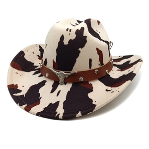 Western Cowboy Hat Cow Leopard Print Wide Brim Polyester Felt Faux Leather Band Rivets Bull Head Retro Ethnic For Men Women
