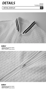 Details einer weißen Baseball-Jacke mit Rautenmuster und gestreiftem Rippstrick-Kragen